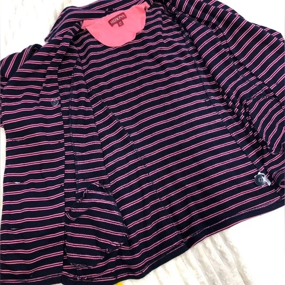 Merona EUC Navy & Pink Striped Double Breasted Knit Jacket w/Tie Belt Large - Picture 8 of 14